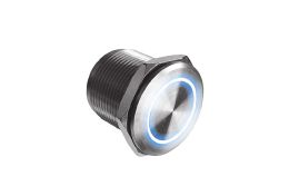 Stainless Steel Illuminated Flathead Piezo Switch MPZ Series 19mm Diameter Momentary Action IP68 IP69K Sealed Blue illumination