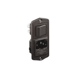 Vertical Power Entry Module 81.5mm Top Fixing Flange Mount C14 Cold Condition Inlet Integral Twin Fused (PF0033) 2.8mm Tab Termination A0220 Filter (2A PS26/A L/C v2) Double Contact High Inrush Switch Marked I/O