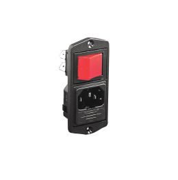 Vertical Power Entry Module 81.5mm Top Fixing Flange Mount C14 Cold Condition Inlet Integral Twin Fused (PF0033) 2.8mm Tab Termination A0420 Filter (4A PS26/A L/C v2) Double Contact Illuminated Switch Green