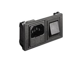 Horizontal Power Entry Module 74.5mm C14 Cold Condition Inlet Integral Twin Fused (PF0033) 2.8mm Tab Termination A0420 Filter (4A PS26/A L/C v2) Double Contact High Inrush Illuminated Switch Marked I/O Green