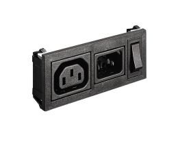 Horizontal Power Entry Module 95.6mm C14 Cold Condition Inlet + Sheet F Shuttered Outlet (PX0575+PX0783) 2.8mm Tab Termination A1010 Filter (10A PS01/A L/C v1) Single Contact Illuminated Switch Marked I/O Green