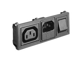 Horizontal Power Entry Module 108.8mm C14 Cold Condition Inlet + Sheet F Shuttered Outlet Integral Twin Fused (PF0033+PX0783) 2.8mm Tab Termination A0420 Filter (4A PS26/A L/C v2) Double Contact Illuminated Switch Marked I/O Red