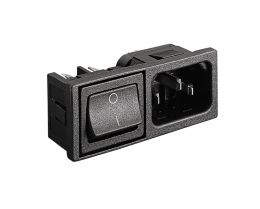Horizontal Power Entry Module Mini Bezel 57.5mm C14 Cold Condition Inlet (PX0575) 4.8mm Tab Termination 3mm Panel A1030 Filter (10A PS01/A L/C v3) Double Contact 4.8mm Tab Illuminated Switch Red