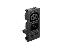 Vertical Power Entry Module 78.7mm C14 Cold Condition Inlet + Sheet F Shuttered Outlet (PX0575+PX0783) 2.8mm Tab Termination A0630 Filter (6A PS01/A L/C v3) FX0359 Fuseholder DX0928/250V/Green Indicator