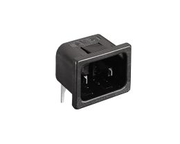 IEC Connector PCB Mount Snap Fit To Panel Inlet 2 Pin PX0691 Series 3mm Panel Black With Rear Cover PCB Spills Termination EN60 320-1 Standard Sheet C18 Class II