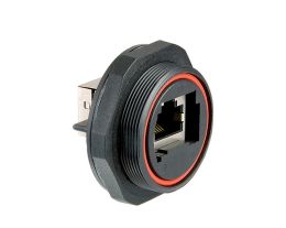 Rear Panel Mount Connector PX0839 Series CAT5e Shielded Socket 90 Degree PCB Pins