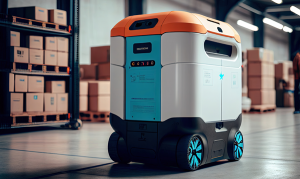 Future technology 3D concept smart warehouse technology. Automated robot delivers an order box in smart automated warehouse.