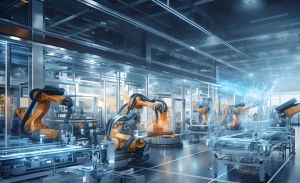 Industry 4.0 smart factory interior showcases advanced automation, machinery.